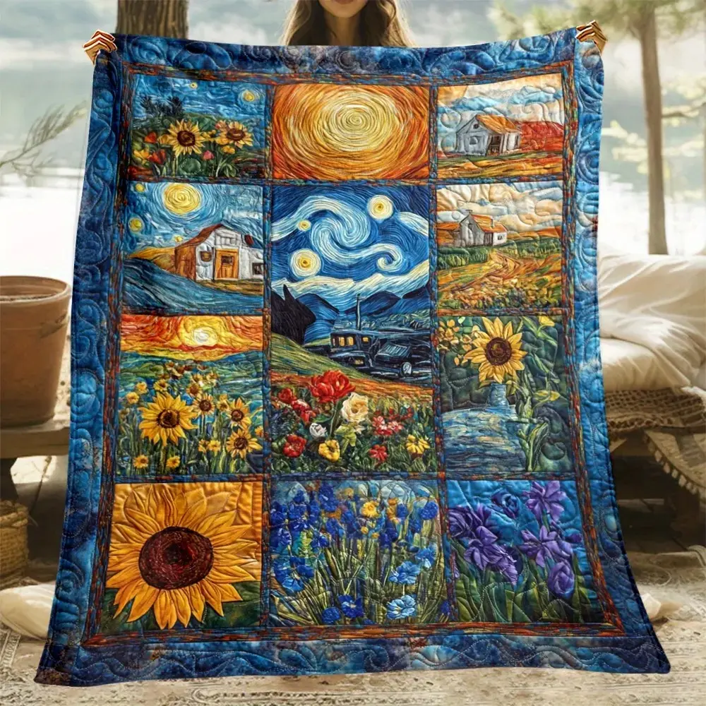 Van Gogh Masterpiece Puzzle Flannel Blanket - Soft, Lightweight & Warm  Vibrant Artistic Design with Starry Night & Sunflowers  Ideal for Sofa, Office, Travel  Cozy All-Season Throw, Perfect Gift for Art Lovers