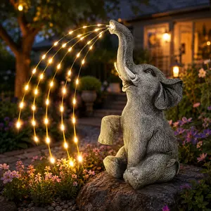 Solar Elephant Garden Statue with LED Fiber Optic Water Spray Lights, Outdoor Resin Elephant Decor, Waterproof Yard Ornament for Patio, Lawn, Walkway, Porch, Backyard, Garden Landscape, Warm White Night Light Decoration, Gift for Animal Lovers