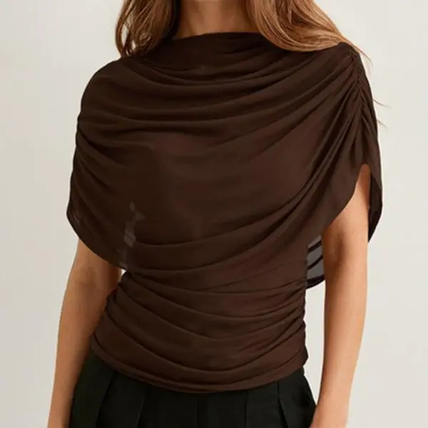 Women's Brown Off-Shoulder Draped Asymmetrical-Neck Top for Office and Casual Wear Cropped Blouse Elegant One Shoulder Twist Flowy Overlay Design Fashion Slim Fit Dressy Tops Blouse Shirts