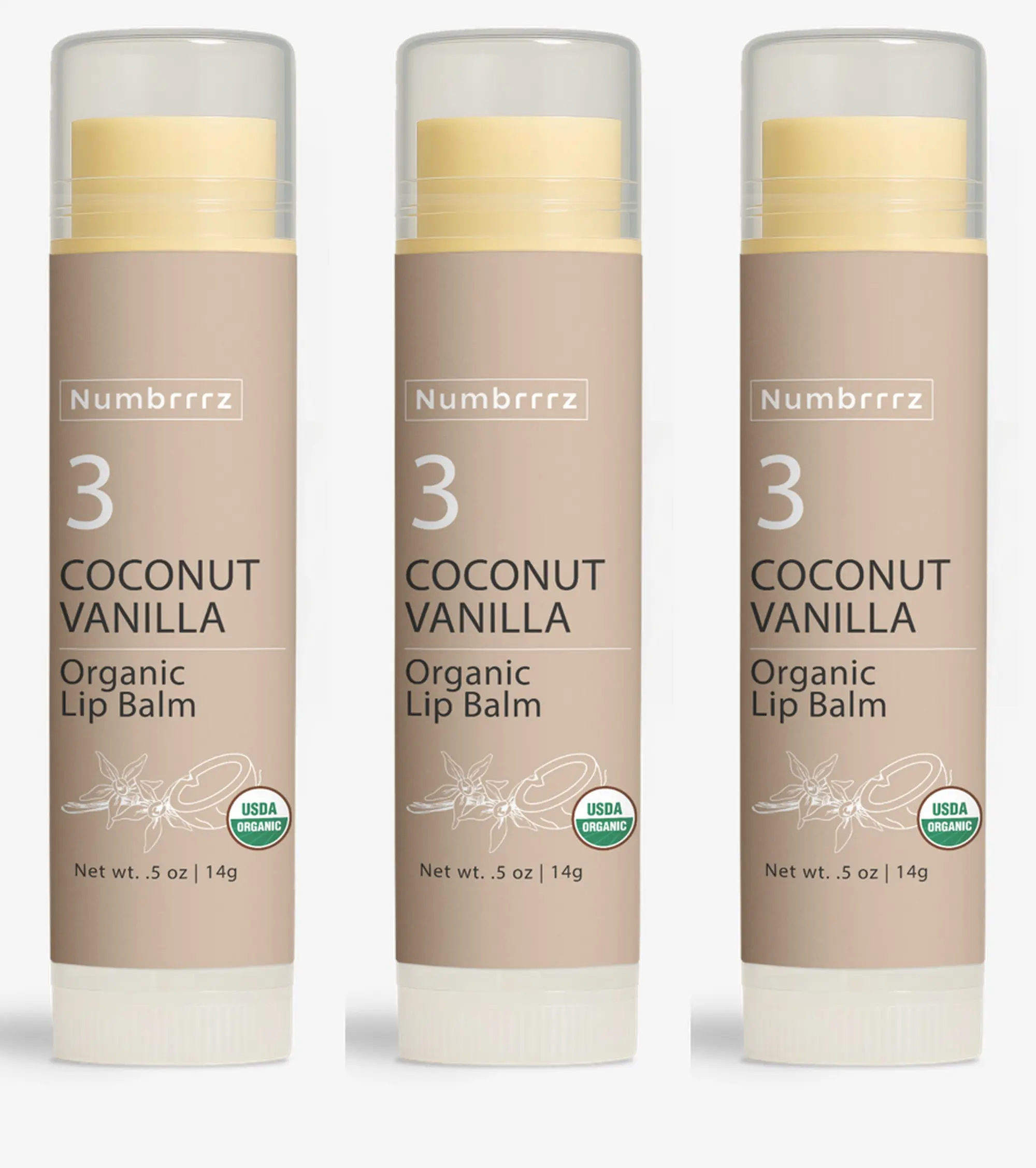 Numbrrrz Organic Lip Balm – Coconut Vanilla (3-Pack) – USDA Certified, Clean Moisturizing Lip Care, Large .50 oz Tubes