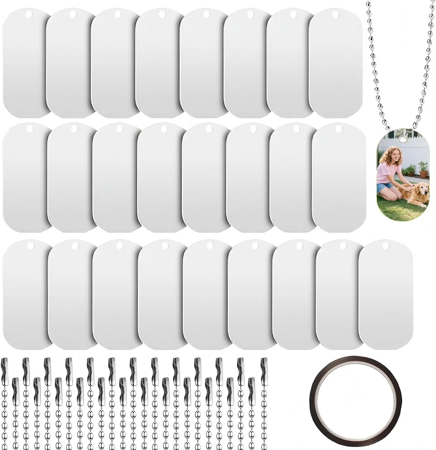 25 Packs Sublimation Blank Dog Tags Sets, Blank Metal Sublimation Tag and Chain for DIY Decorative Craft Pet
