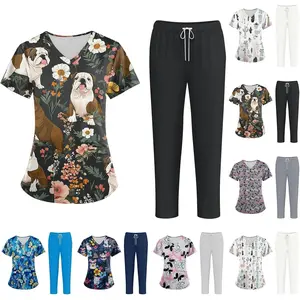 Women's Floral Print Scrub Set - Stretch V-Neck Top & Straight Leg Pants with Pockets for Healthcare Professionals