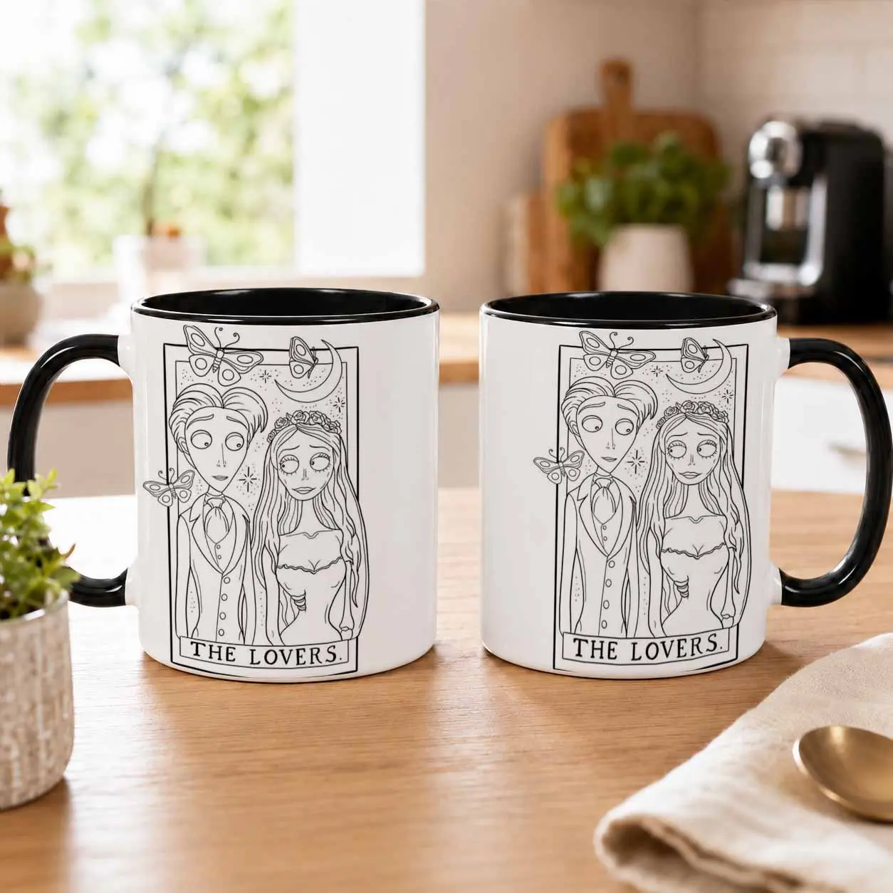 Lovers Tarot Ceramic Coffee Mug - 11oz/15oz Gothic Couple Butterfly Moon Floral Line Art Print, Durable Dishwasher Safe Kitchenware, Office Desk/Cafe Drinkware Gift for Anniversary (Anniversary Design), Children, Everyday Places