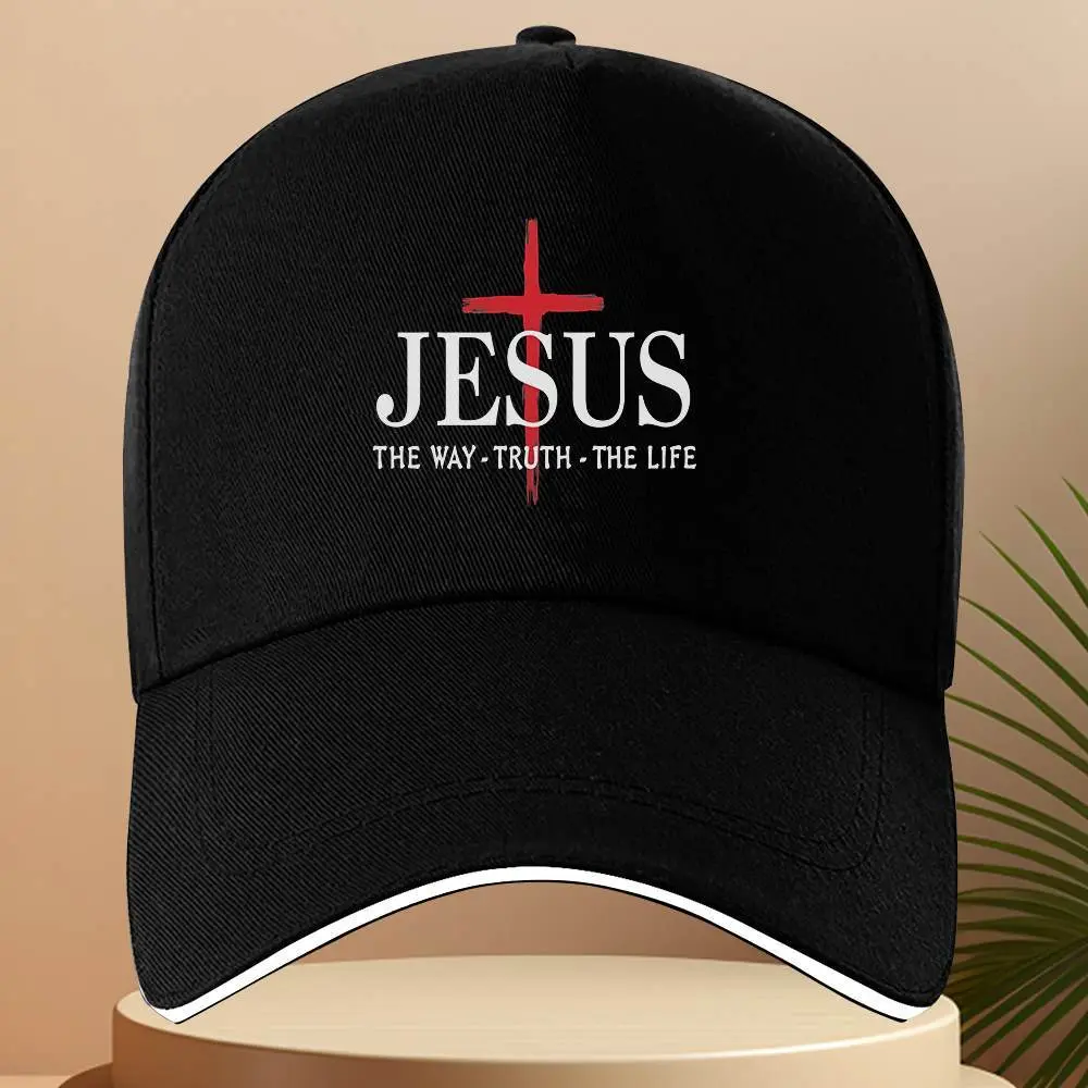 Black Baseball Cap for Christians, Faith-Based Graphic Cross Print with "Jesus is the Way, the Truth, the Life" Slogan, Lightweight, Black Cap