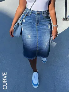 Women's Plus Size Elastic Tight Sexy Denim Skirt, Knee Length Casual Plain Design, Ripped Raw Hem for Daily & Party Outdoors