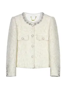 Women's Plain Beaded Decor Tweed Jacket, Elegant Fashion Casual Open Front Outerwear for Daily Outdoor Wear, Women Clothing for Spring Fall