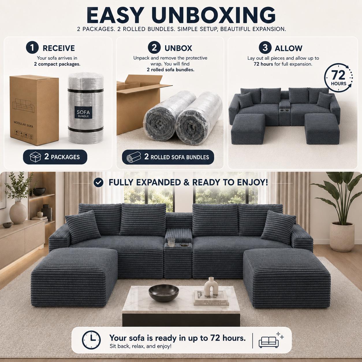 127-Inch Curved Corduroy Modular Cloud Sectional Boneless Couch (Compressed), 3-Package Shipping, No Assembly, Black Living Room Multiple-Seat Sofa with Cup Holders, USB Ports & 2 Free Ottomans, Boneless Couches, Sectional Couch