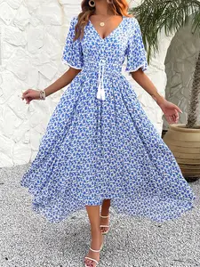 ZAFUL Women's Elegant Floral Print V-Neck Dress with Tassel Detail - Short Sleeve, A-Line Silhouette, Non-Sheer Print Fabric, Machine Washable - Perfect for Spring & Summer, Blue Floral Design, Ruffled Hem, All-Season Wear, Casual Elegance