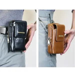 Men's Multifunctional PU Leather Waist Bag, Vertical Zipper Phone Pouch, Outdoor Hiking Sports Belt Bag, Dual Layer Hanging Wallet, Waist Packs, Zipper Fanny Pack