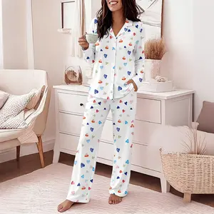 CHICME Women's Colorful Heart Print 2 Piece Pajama Set Long Sleeve Button Down Top and High Waisted Pants Casual Lounge Sets