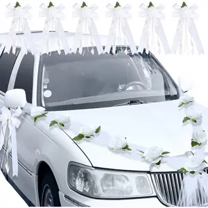 Suncalla Just Married Car Decorations Wedding Car Door Handle Flowers White Artificial Flowers Bouquet Ribbon Set Elegant Wedding Party Decorations for Vehicle Hood Door Handles and Rearview Mirrors