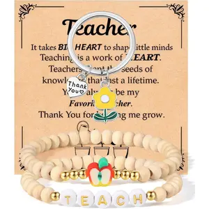 Teacher Appreciation Gifts for Women 4mm Wooden Beaded Bracelets Keychains with Message Card for Thank You Teachers Gifts