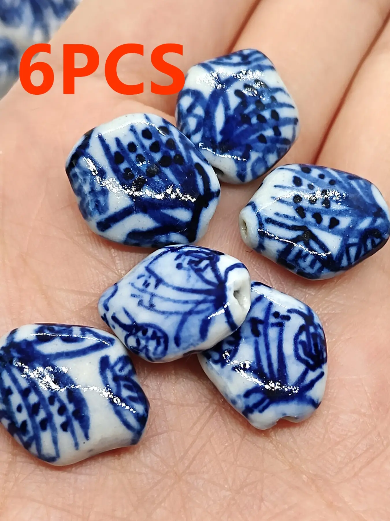 6pcs Blue-And- Porcelain Beads, Floral Pattern, Vintage Chinese Style, Handmade DIY Jewelry Accessories, All Seasons