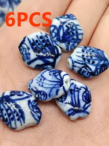 6pcs Blue-And- Porcelain Beads, Floral Pattern, Vintage Chinese Style, Handmade DIY Jewelry Accessories, All Seasons