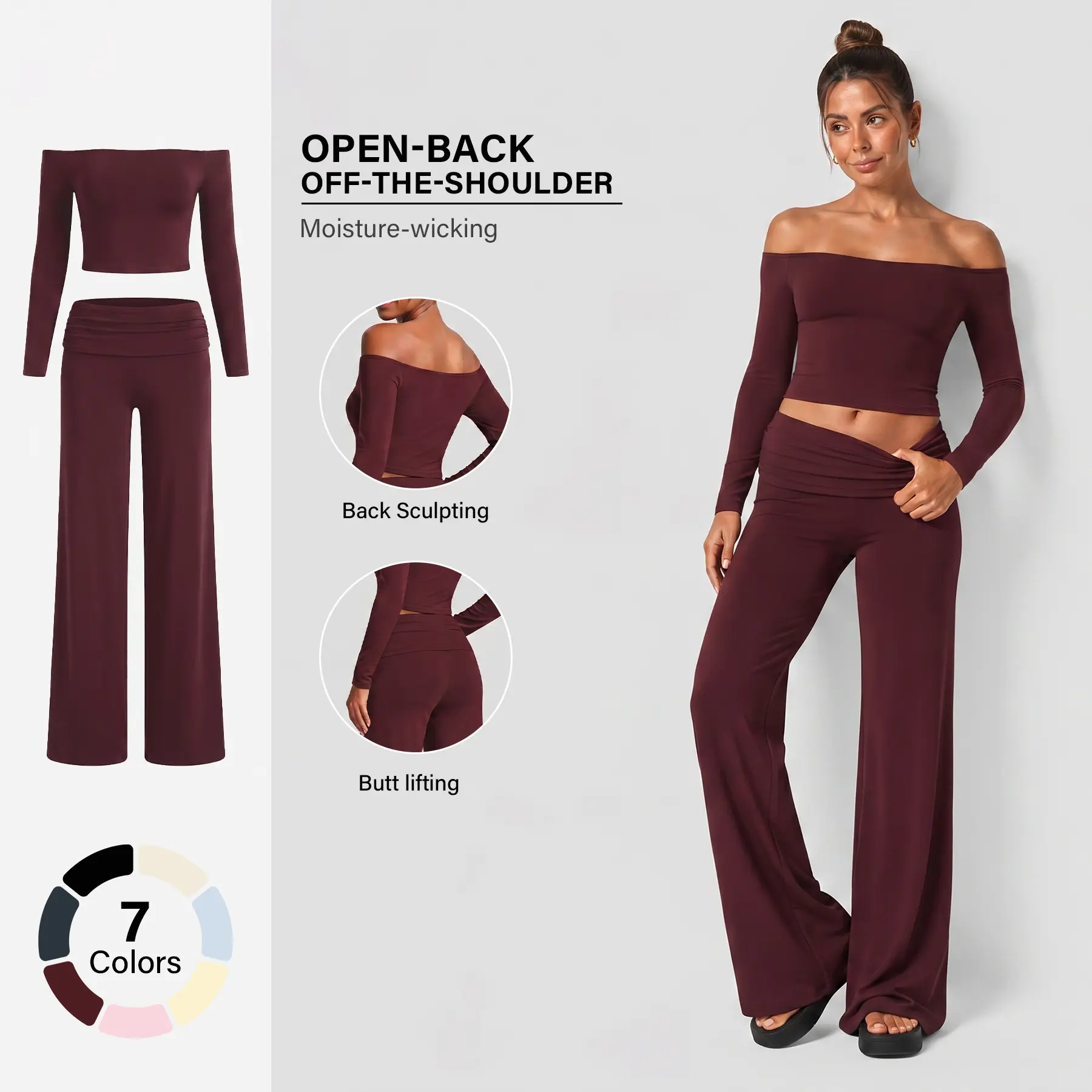 Matching Sets Women 2 Piece Off the Shoulder Long Sleeve Crop Top and Fold Over Wide Leg Pants Yoga Set Moisture Wicking Open Back Butt Lifting Workout Outfits for Women Comfy Soft Lounge Sets Aesthetic Gym Activewear