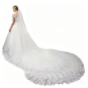 Sequin Lace Bridal Veil, 4 Meters Long, 3 Meters Wide, 5 Meters Long Cathedral Style Long Train Sparkling Wedding Veil
