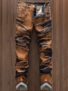 New Motorcycle Style Vintage Distressed Denim Jeans Workwear, Casual Fitted Jeans for All Seasons