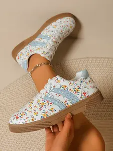 Fresh Small Floral Low Top Women Shoes, Laser Stripe Comfortable Sports Shoes, Daily Streetwear Versatile Casual Shoes, Sneaker, Walking Shoes, Trendy Shoes
