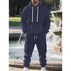 Men's Winter Heavyweight Fleece Lined Casual Set, Loose Fit Sporty Multi-Pocket Workwear Suit, Warm & Comfortable Outerwear