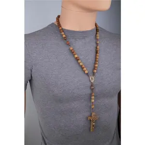 Rosary Necklace for Men Wooden Brown Carved Beads Strong Cord Rope Catholic