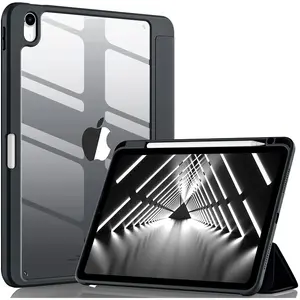 Clear Acrylic Case for iPad 10.2 Inch 9th/8th/7th Gen 2021/2020/2019, Shockproof Hard PC Back Cover with Pencil Holder, Tri-Fold Stand Folio Protective Case for Apple iPad Tablet