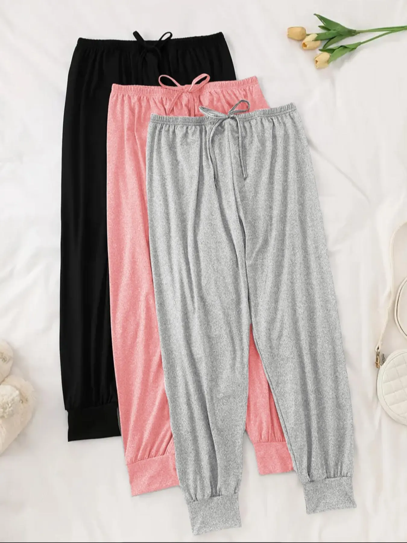 [Plus Size] Women's Solid Color Basic Tie Front Elastic Waist Pajama Pants, Loose Casual Comfy Jogger Pants for Daily Wear, Women's Sleepwear & Loungewear for All Seasons, PJ Pants, Womenswear, Loose Fit Pajamas
