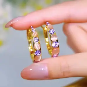 Korean Purple Rhinestone Hoop Earrings, Trendy Chic Jewelry 2025 Hot-Selling Fashion Earrings for Women DZEH4391