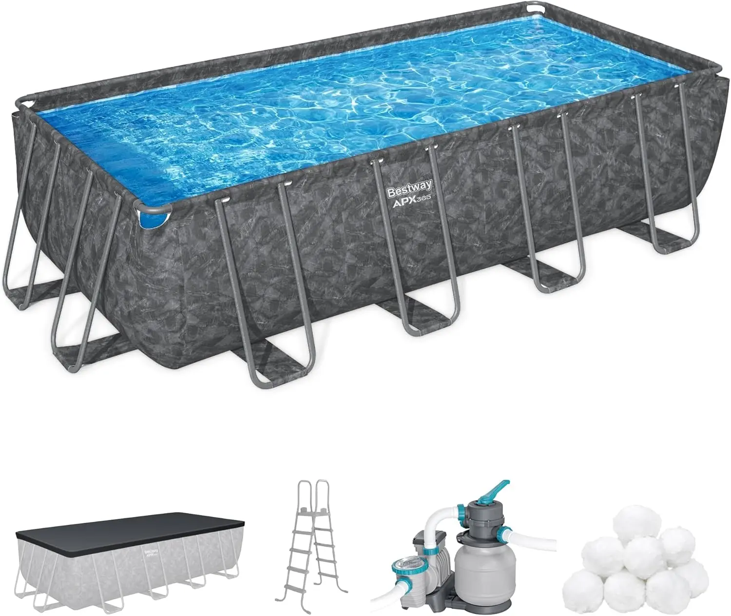 Bestway APX 365 18' x 9' x 52" Above Ground Pool, Rectangular Metal Frame Outdoor Swimming Pool Set with Sand Filter Pump, Ladder, and Cover, Dark Marble