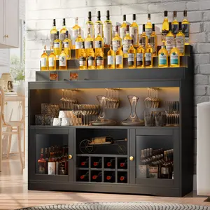 Wine Bar Cabinet with LED Lighted Liquor Bottle Display Shelf, Liquor Cabinet with Glass Holder,Storage Buffet with Wine Racks