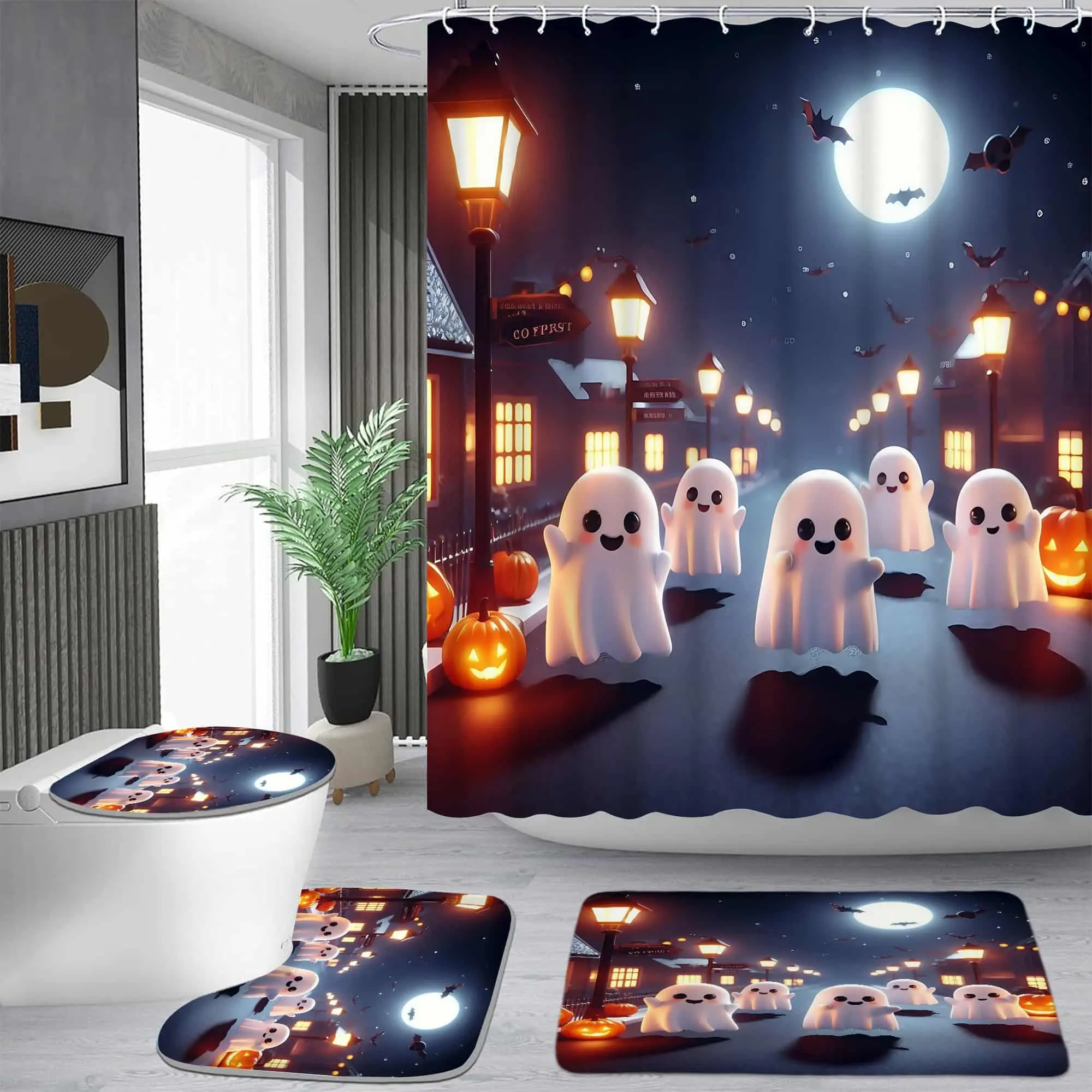 Cute ghost pumpkin pattern shower curtain set, waterproof shower curtain with 12 hooks, non-slip bathroom carpet, toilet U-shaped cushion, toilet seat cover cushion, bathroom shower curtain set, perfect moving gift.
