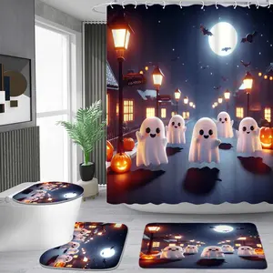 1/4 piece cute ghost pumpkin pattern shower curtain set, waterproof shower curtain with 12 hooks, non-slip bathroom carpet, toilet U-shaped cushion, toilet seat cover cushion, bathroom shower curtain set, perfect moving gift.