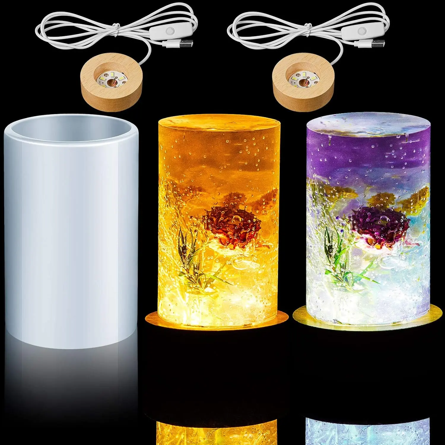 3Pcs Home Improvement Flexible Lightweight Resin Silicone Mold Set - 1 Piece Cylinder Resin Mould (2.36x0.8 Inches, No Sticking), 2 USB-Powered Wooden Lighted Bases for DIY Table Ornaments Handmade Projects