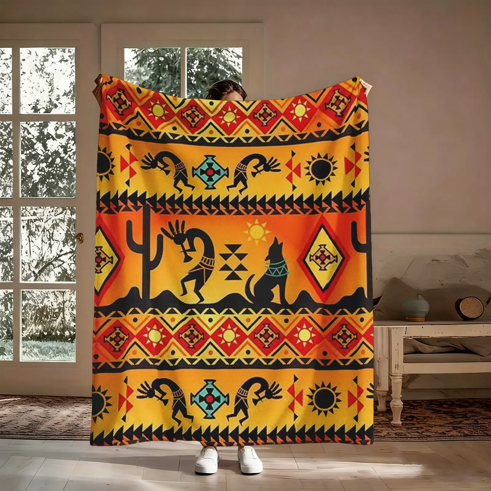 Native American Blanket Gift, Kokopelli Southwest Coyote Cactus Tribal Geometric Pattern Flannel Throw, Soft Cozy Warm Nap Blanket for Bedroom Living Room Couch, Unique Boho Gift for Her Him Friend, Christmas Birthday Holiday Present