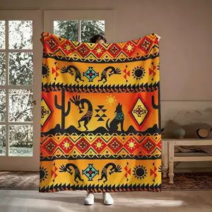 Native American Blanket Gift, Kokopelli Southwest Coyote Cactus Tribal Geometric Pattern Flannel Throw, Soft Cozy Warm Nap Blanket for Bedroom Living Room Couch, Unique Boho Gift for Her Him Friend, Christmas Birthday Holiday Present