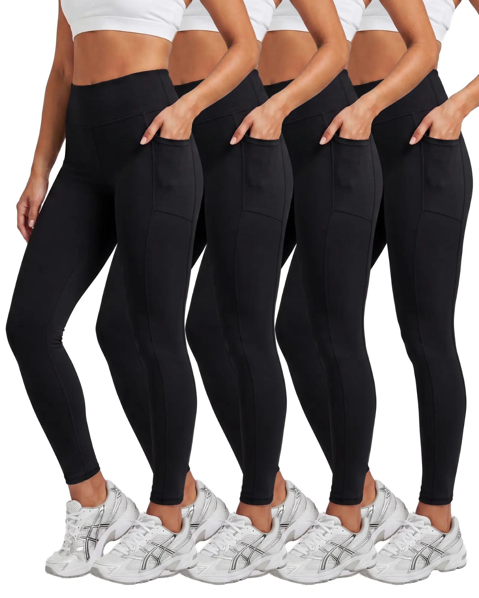 Real Essentials 4-Pack: Women's Full Length Fitted Athletic Yoga Performance Leggings with Pockets (Available in Plus Size)