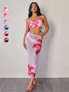 Women's Floral Print Bandeau Bikini Set, Casual Sleeveless Swimwear Top & Swim Bottom & Cover Up Skirt Set, Ladies Swimsuit for Beach Holiday Vacation, Bathing Suits, Summer Swimsuit Set, Tropical Print Swimsuit, Bandeau Swim Bra, Tropical Print Bikinis