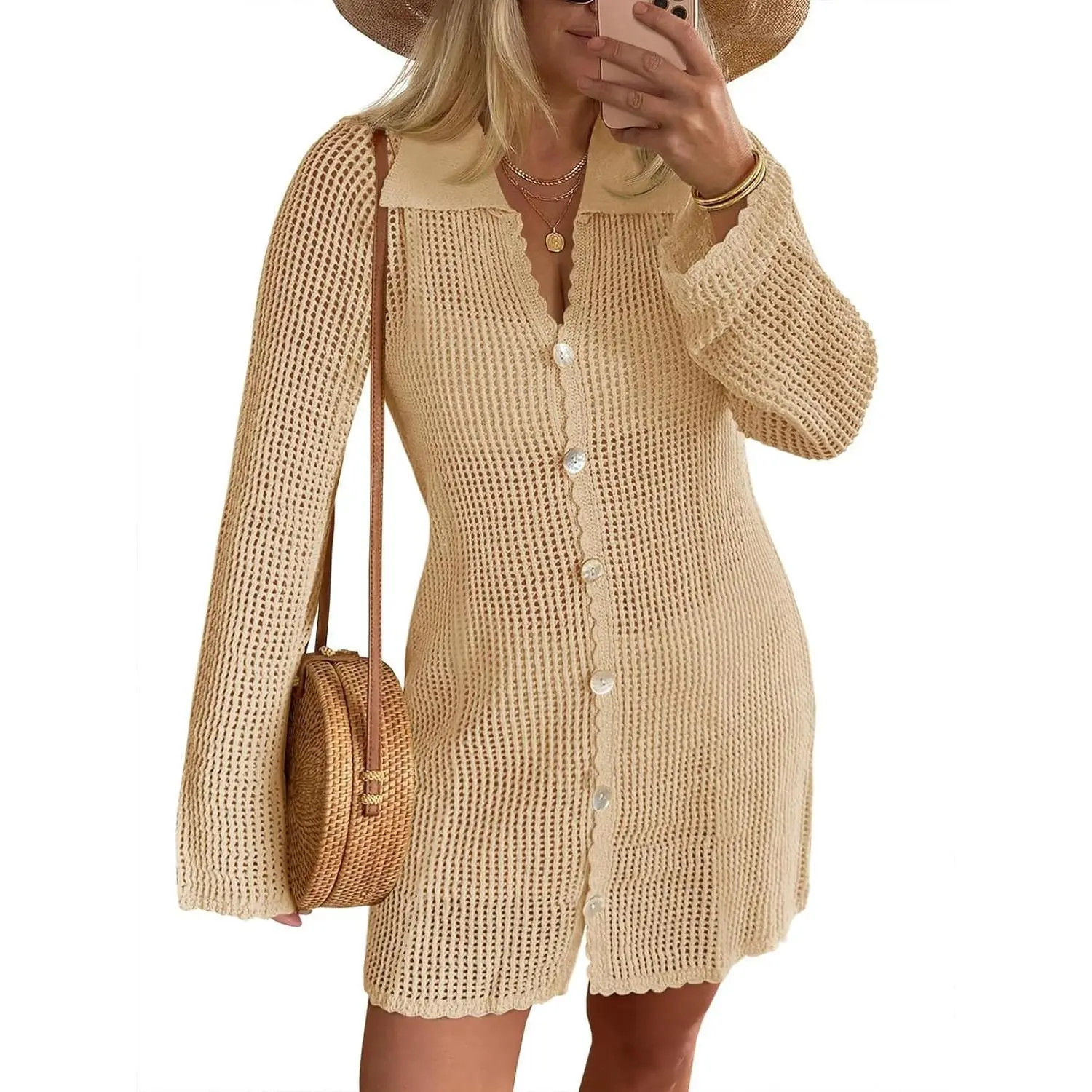 Imily Bela Womens Crochet Swimsuit Coverup Button Down Long Sleeve Cardigan Mini Dress Beach Cover Ups Vacation Outfits