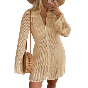 Imily Bela Womens Crochet Swimsuit Coverup Button Down Long Sleeve Cardigan Mini Dress Beach Cover Ups Vacation Outfits