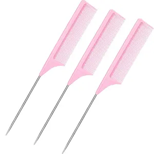 3 Packs 9 Inch Rat Tail Comb Carbon Fiber Heat Resistant Teasing Comb with Metal Pick Styling Parting Lightweight Sectioning Fine Tooth Combs for Women Girls Leinuosen