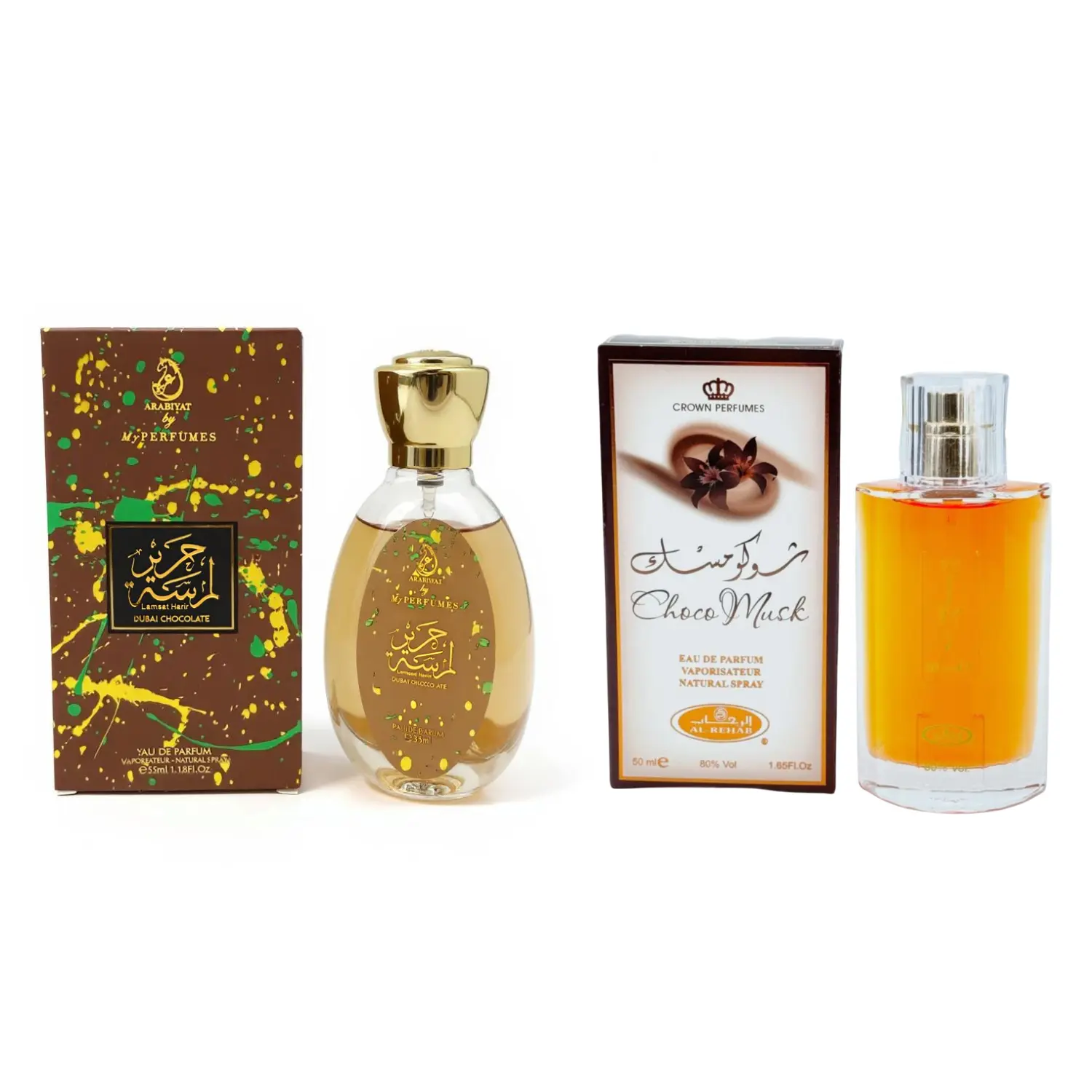 Arabiyat Prestige Dubai Chocolate EDP 1.18fl.oz and Al Rehab Choco Musk EDP 1.65fl.oz Combo For Unisex Fragrance Sandalwood Fragrances Perfumes