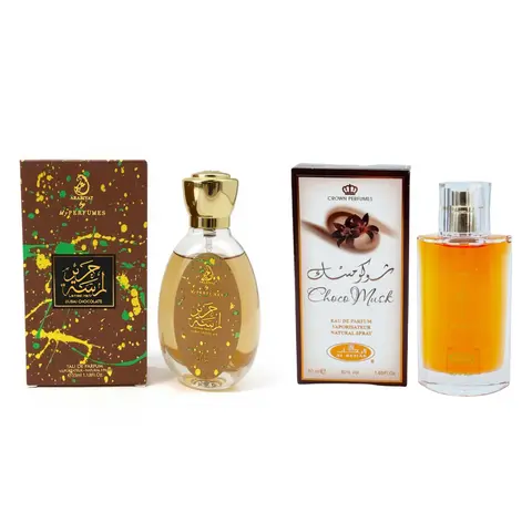 Unisex Arabian Perfume Combo: Arabiyat Prestige Dubai Chocolate EDP (1.18fl.oz) & Al Rehab Choco Musk EDP (1.65fl.oz) Minis Set, Indulgent Sweet Comforting Aromas, Sandalwood Fragrances for Adults, Fragrance That Starts With A
