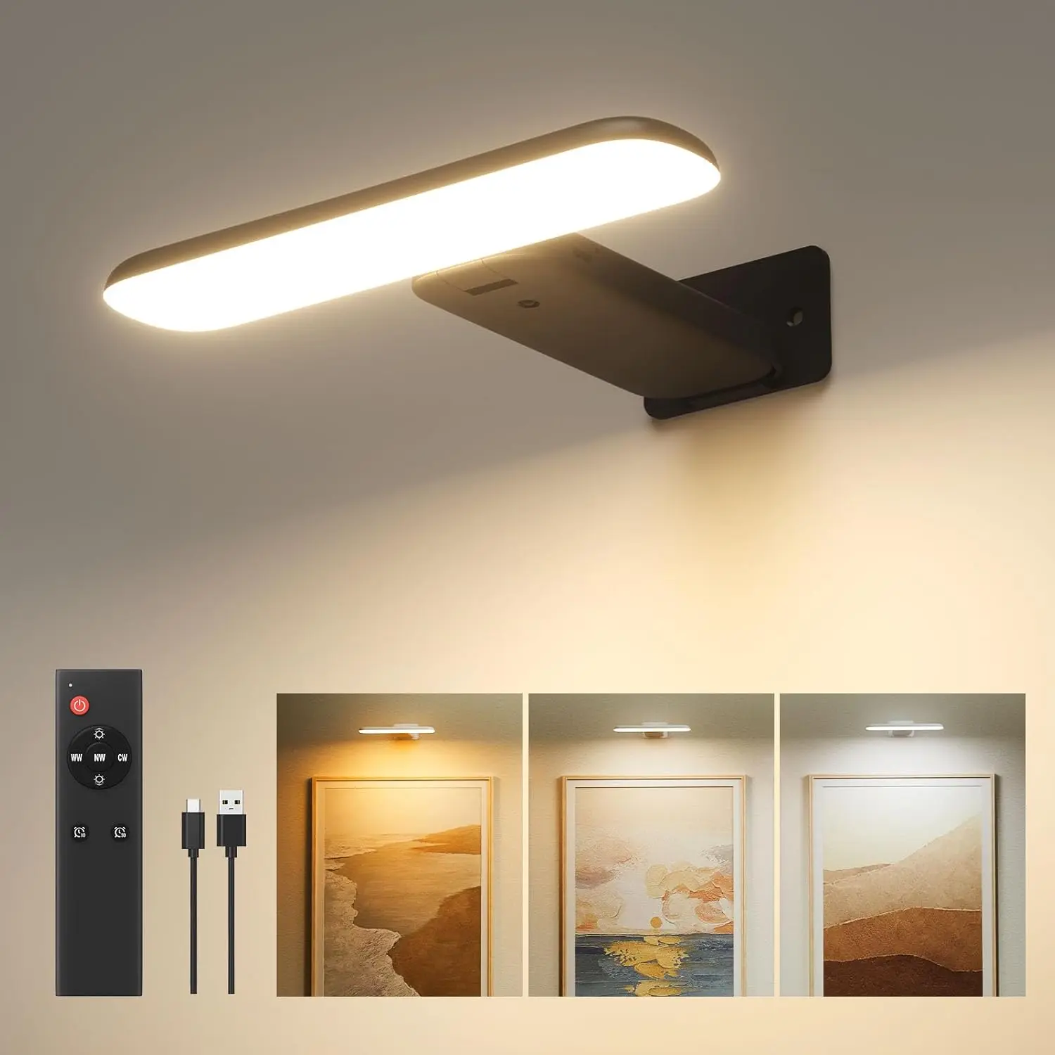 Rechargeable Picture Lights for Wall, Wall Lights   with Remote, Art Lights for Paintings, Picture Frame Lights for Wall,Dart Board Light with 3 Color Temperatures,Black