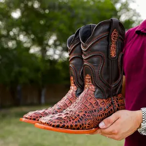 Cognac Caiman Neck Leather Boots - Square Toe Cognac Caiman Neck Leather Boots - Square Toe