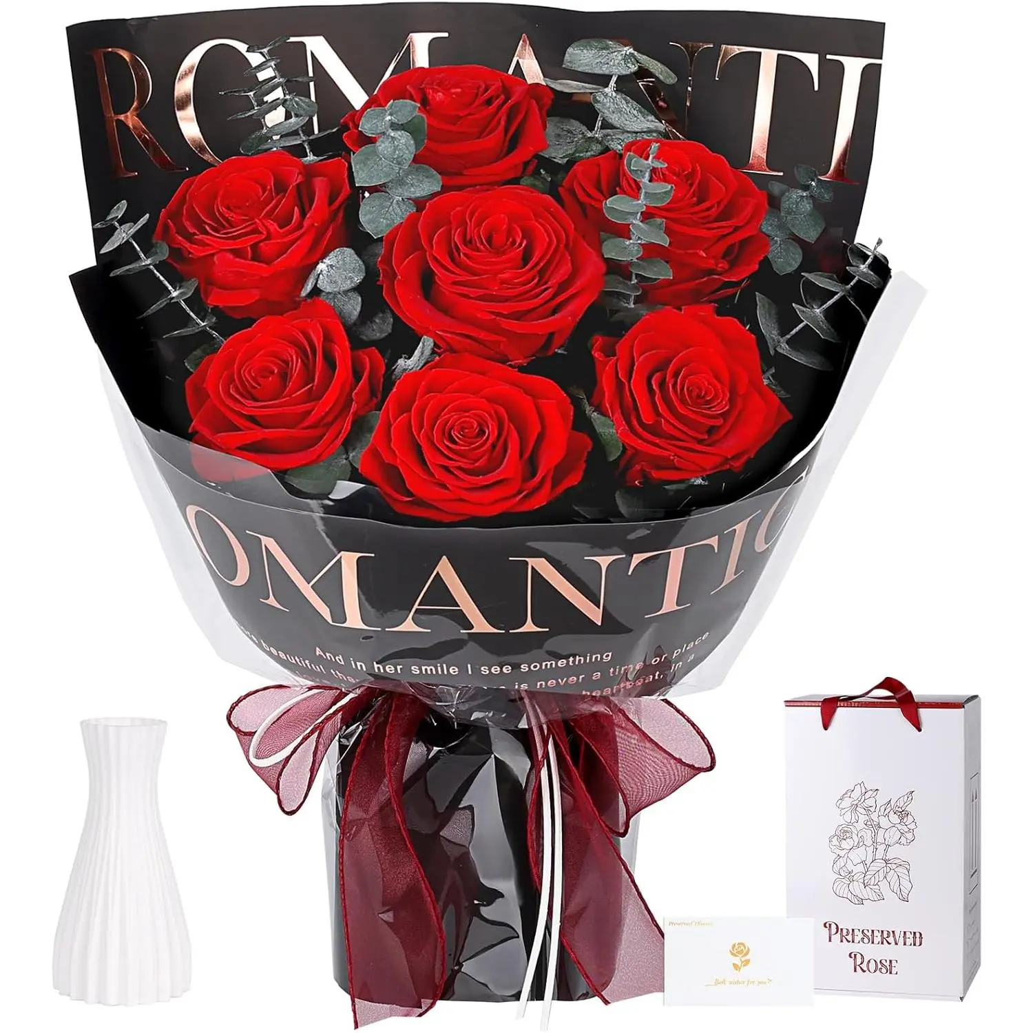 Preserved  Bouquet 7 Roses - Red Real Rose &  for Delivery, Eternal Roses Bouquet with  Box, Mothers Day Gifts for Mom Grandma Wife, Anniversary Birthday Gifts for Women, Black