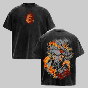 Rengoku Tribute T-Shirt – Vintage Washed Flame Hashira Mugen Train Anime Graphic Tee, Set Your Heart Ablaze Emotional Manga Art, Oversized Soft Cotton Streetwear, Unisex Casual Apparel, Gift for Demon Slayer Fans