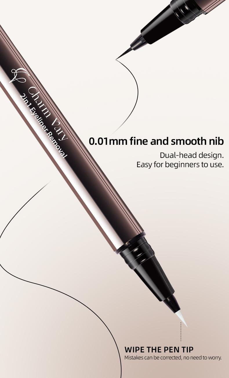 【Charm Vary】Long-lasting liquid eyeliner, 2-in-1 dual-ended design - lightweight and waterproof, vegan formula, no animal testing, smooth application for 24 hours, with a creamy and silky texture.
