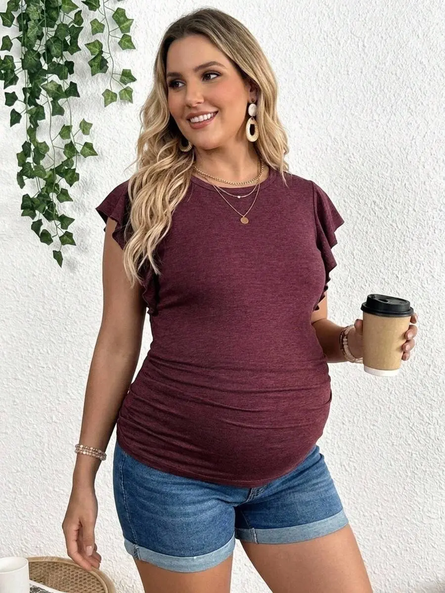 [FREE SHIPPING] Plus Size Maternity Solid Color Casual Versatile Everyday Top Maternity Photoshoot Summer