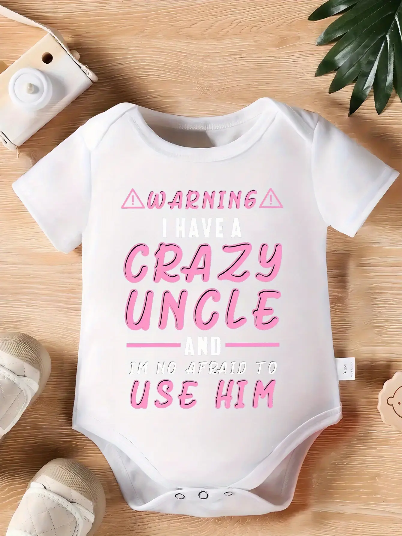 Warning I Have A Crazy Uncle And I'm Not Afraid To Use Him Short‑Sleeve Baby Bodysuit, Funny Slogan Soft Cotton Infant Onesie