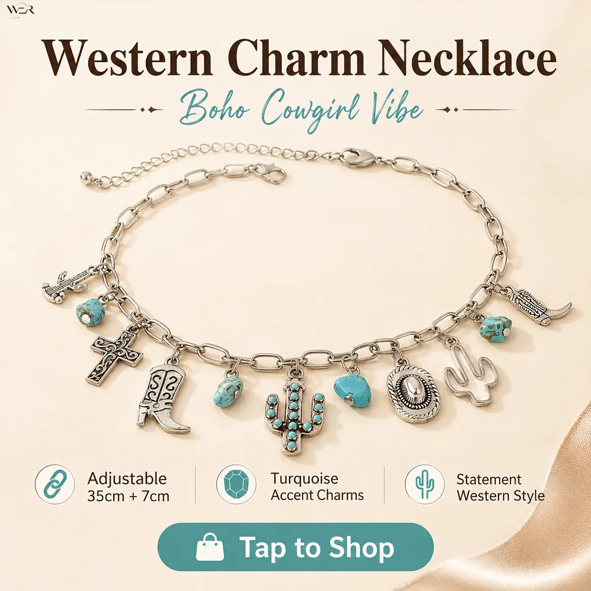 Cowboy Charm Necklace for Women, Rustic Chic Western Jewelry in Silver Tone with Turquoise, Cactus, Cross, and Boot Charms, Lightweight and Adjustable 35+7cm Chain, Adjustable Length, Charm Accents