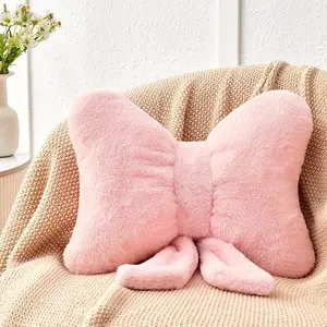 Pink Bow Pillow,16'' Bow Decorative Pillows with Faux Rabbit Fur,Soft Bow Throw Pillows Aesthetic Bow Shaped Pillow for Bed Sofa Couch Home Decor